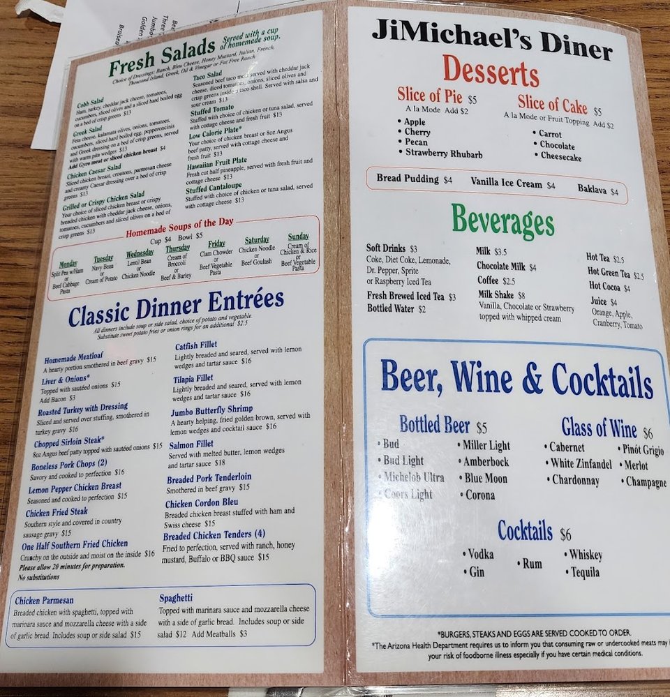 Printed menu with breakfast, lunch, and dinner specials.